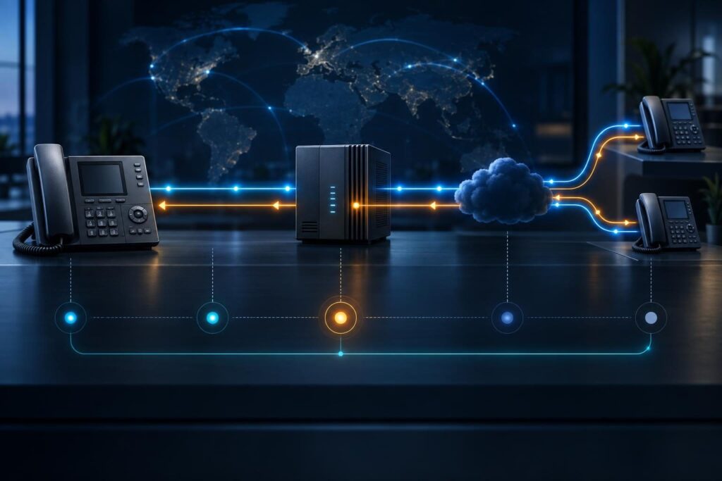 SIP error codes traced across phone, PBX, and provider call legs to identify where a failure response originated.