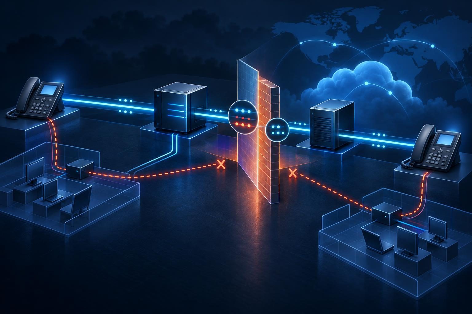 SIP media path troubleshooting showing working signaling, blocked direct RTP paths, and audio relayed through a PBX.