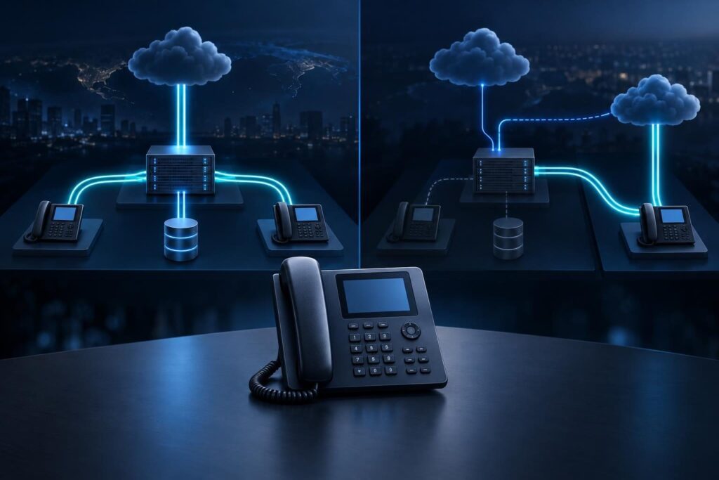 SIP transfer architecture comparing PBX-retained call legs with a carrier handoff that releases local connections.
