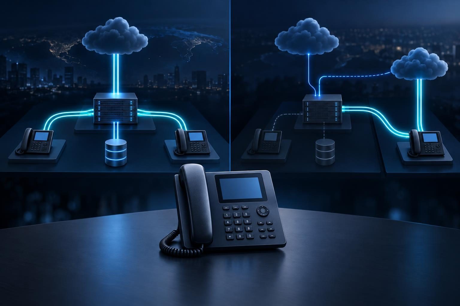 SIP transfer architecture comparing PBX-retained call legs with a carrier handoff that releases local connections.