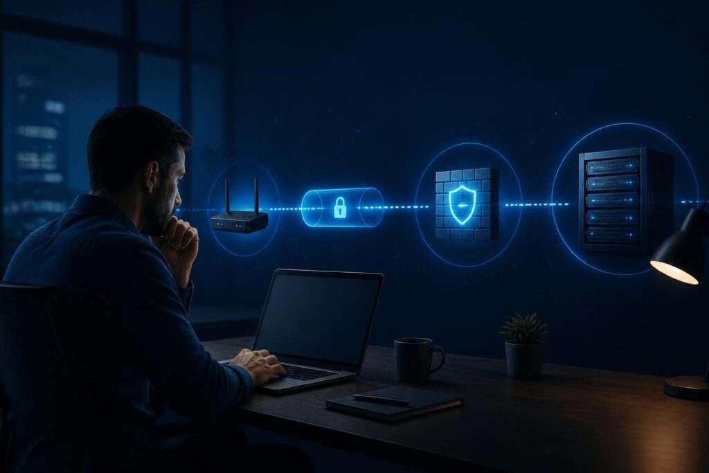 Slow VPN connection troubleshooting for business with a remote worker, firewall, Wi-Fi router, and server network path