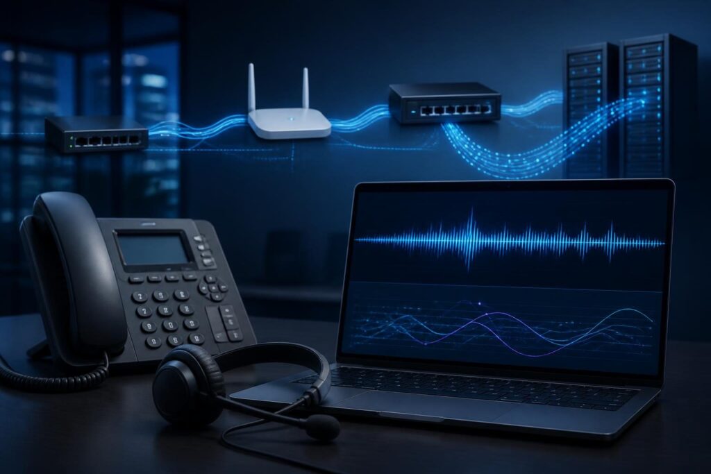 Business phone and network diagnostics illustrating VoIP call delay latency troubleshooting