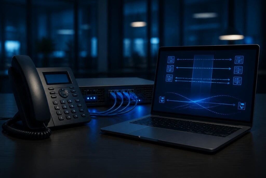 VoIP ringback but no audio after answer troubleshooting shown with a business phone, firewall, and RTP flow diagram