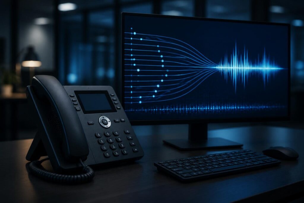 VoIP silence before call connects troubleshooting shown with a business phone and SIP media path diagram