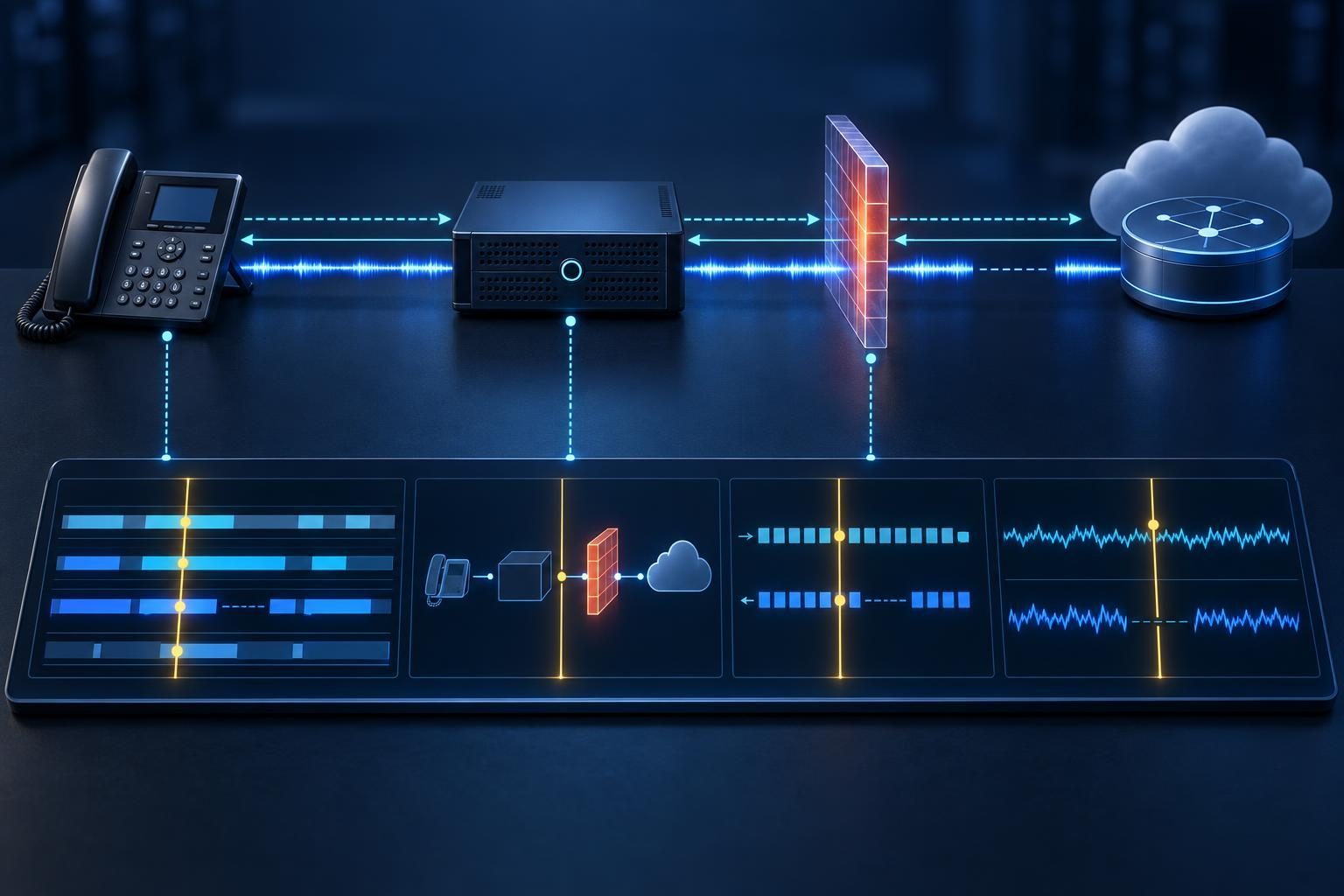 VoIP troubleshooting logs correlated across a phone, PBX, firewall, and carrier with SIP traces and RTP evidence.