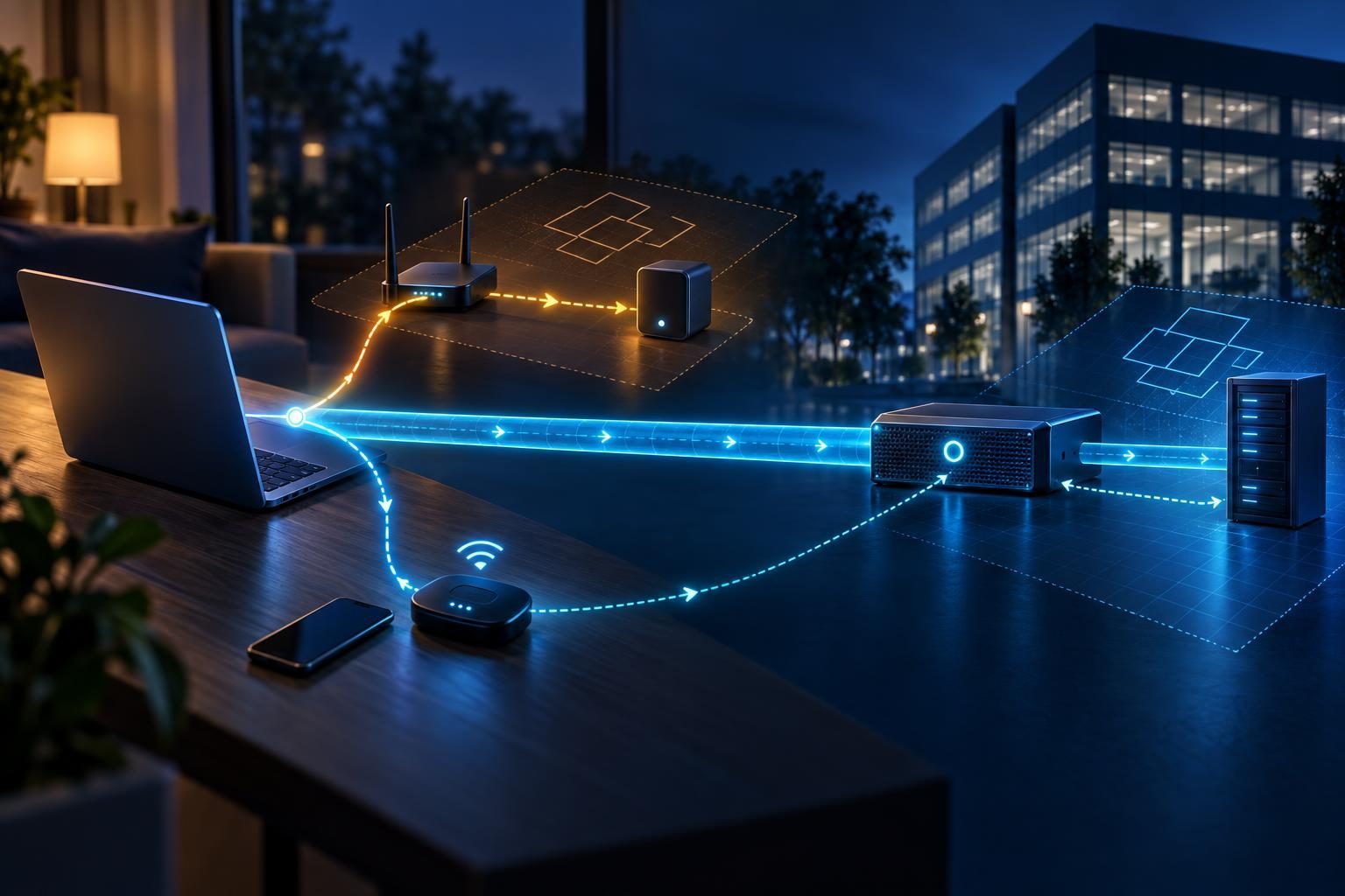 VPN home subnet conflicts send internal server traffic toward a home device while a hotspot path reaches the office through the tunnel.