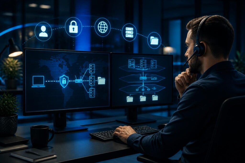 VPN users cannot access shared drives troubleshooting shown through a secure remote support network diagram