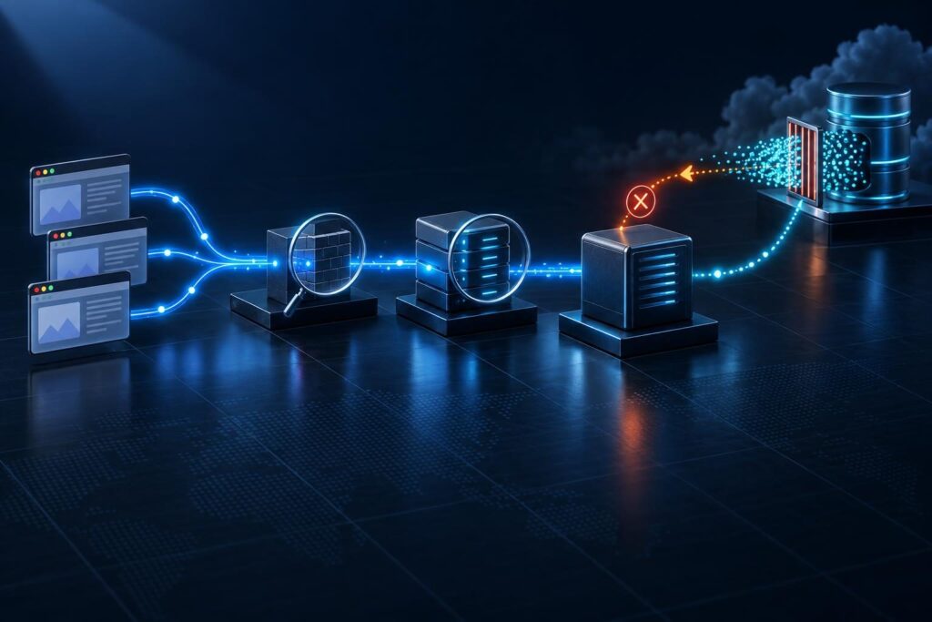 Tracing website rate limiting through a firewall and hosting server to an external API rejecting a burst of requests.