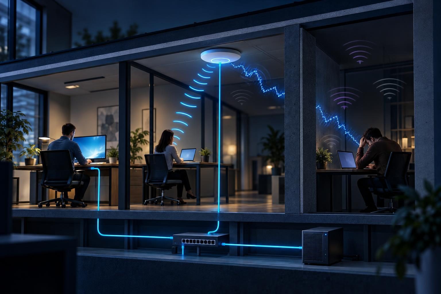 Wi-Fi performance troubleshooting comparing a stable Ethernet path with congested wireless airtime and an access-point backhaul.