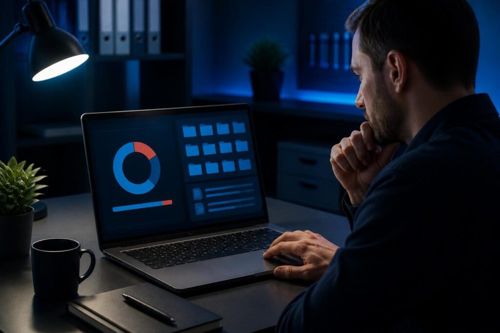 Windows computer low disk space troubleshooting shown on a business laptop storage dashboard
