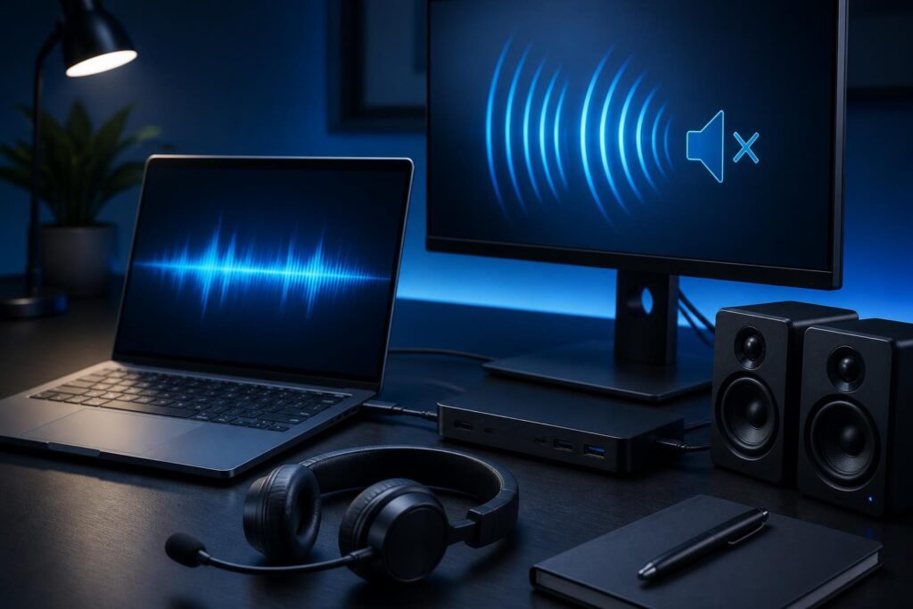 Windows computer no sound troubleshooting with a laptop, docking station, monitor, headset, and speakers
