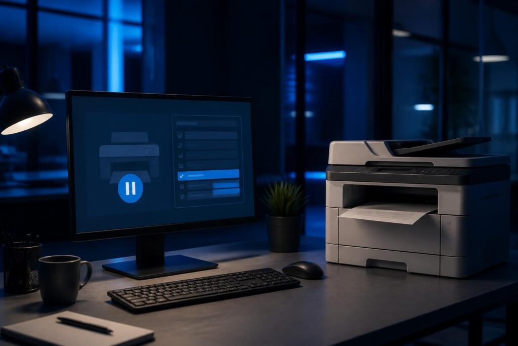 Windows print spooler stuck troubleshooting on a business office workstation and printer