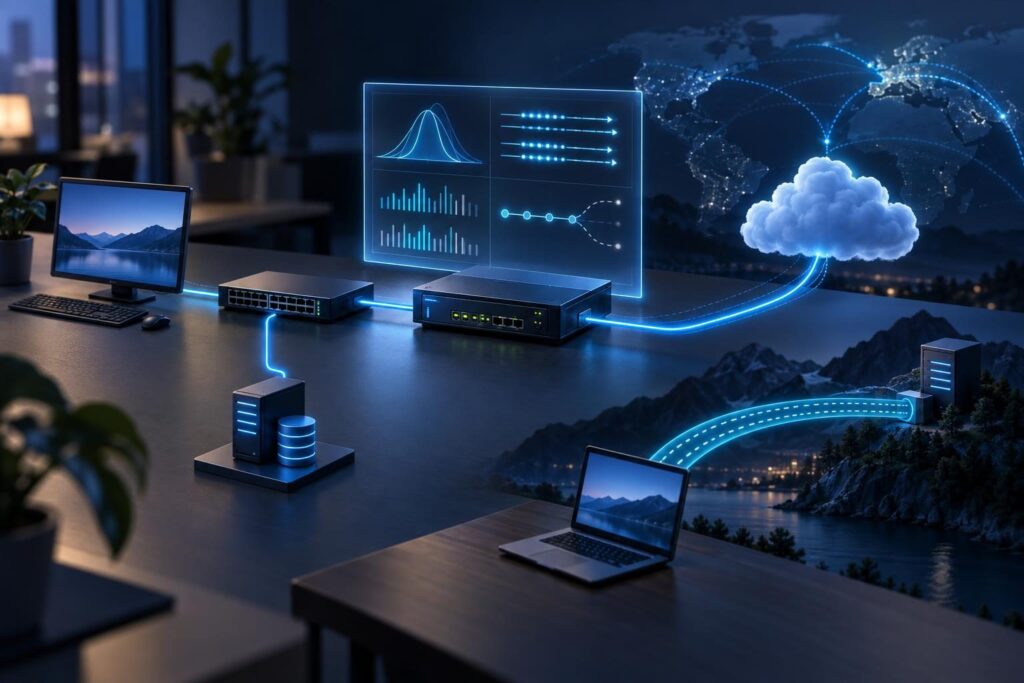 Office, internet, DNS, and VPN paths with reference measurements for a network troubleshooting baseline.