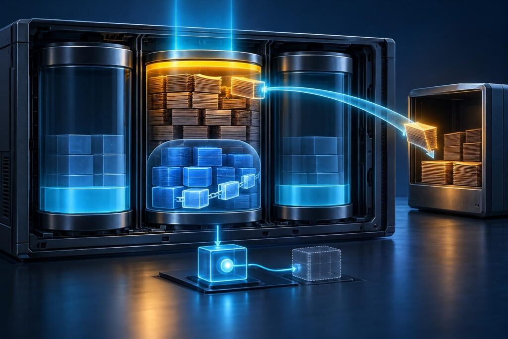 Linux disk full recovery illustration showing a saturated filesystem, protected database files, and a controlled log reclamation path.