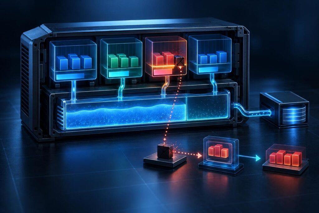 Linux OOM recovery illustration showing a service memory limit, a terminated worker, host RAM, and swap.