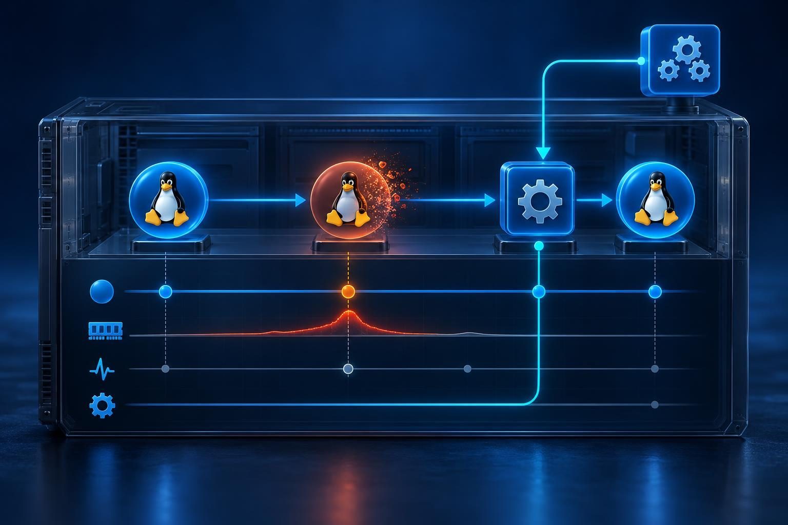 Linux service restart timeline linking application exits, memory events, watchdog checks, and systemd restart decisions.