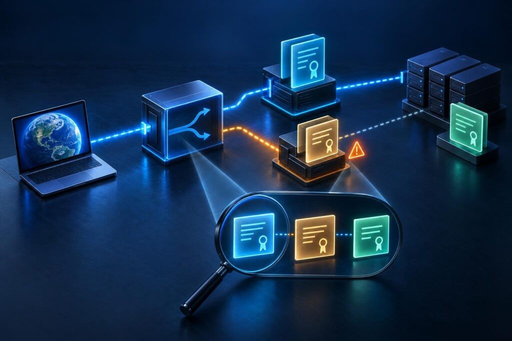 Topology illustrating live certificate checks across a reverse proxy and IPv4 and IPv6 endpoints serving different TLS certificates.