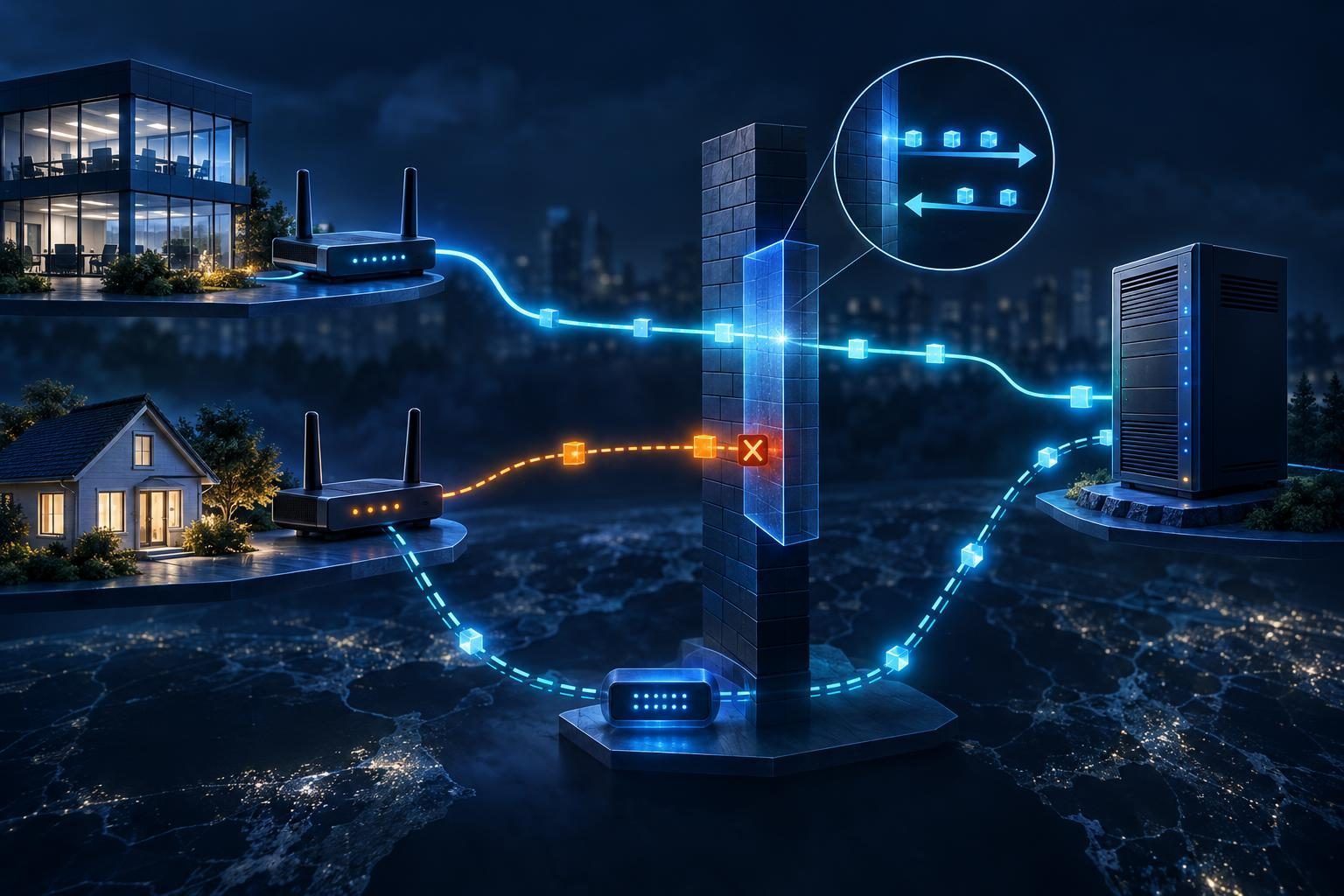 Paired connection paths illustrate network-specific SSH failures caused by source filtering and different VPN routes.