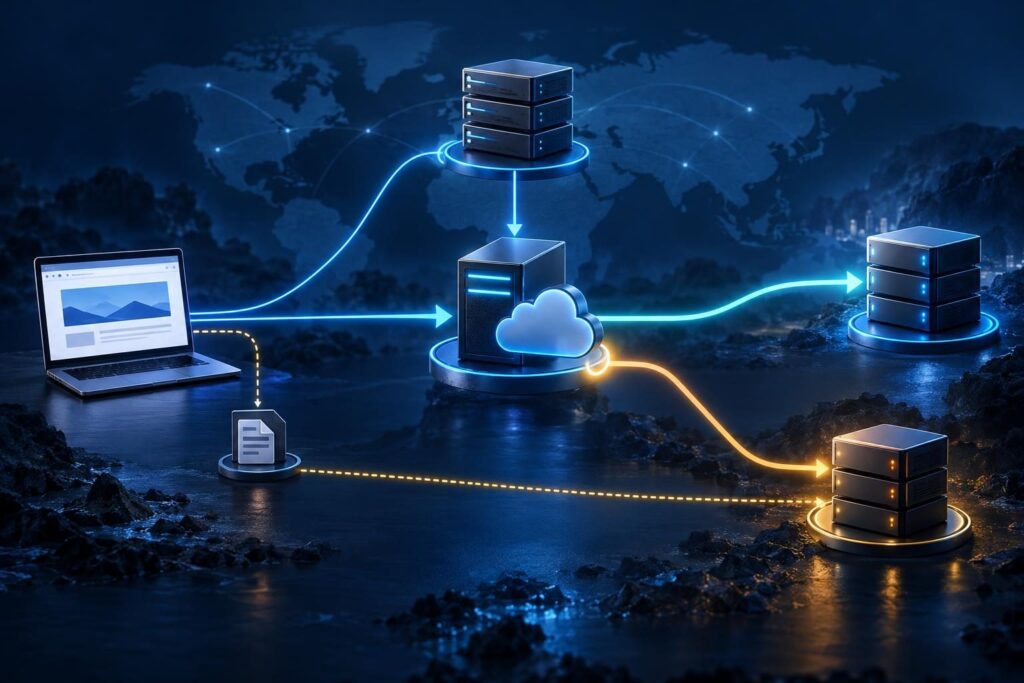 Diagnostic paths showing how a website can reach the old server after migration through a stale CDN origin or IPv6 record.