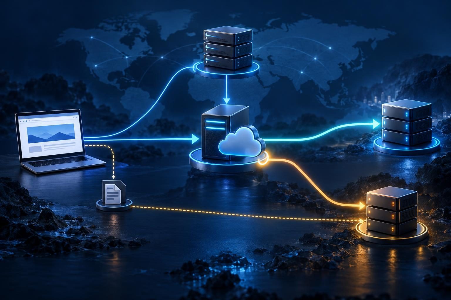 Diagnostic paths showing how a website can reach the old server after migration through a stale CDN origin or IPv6 record.