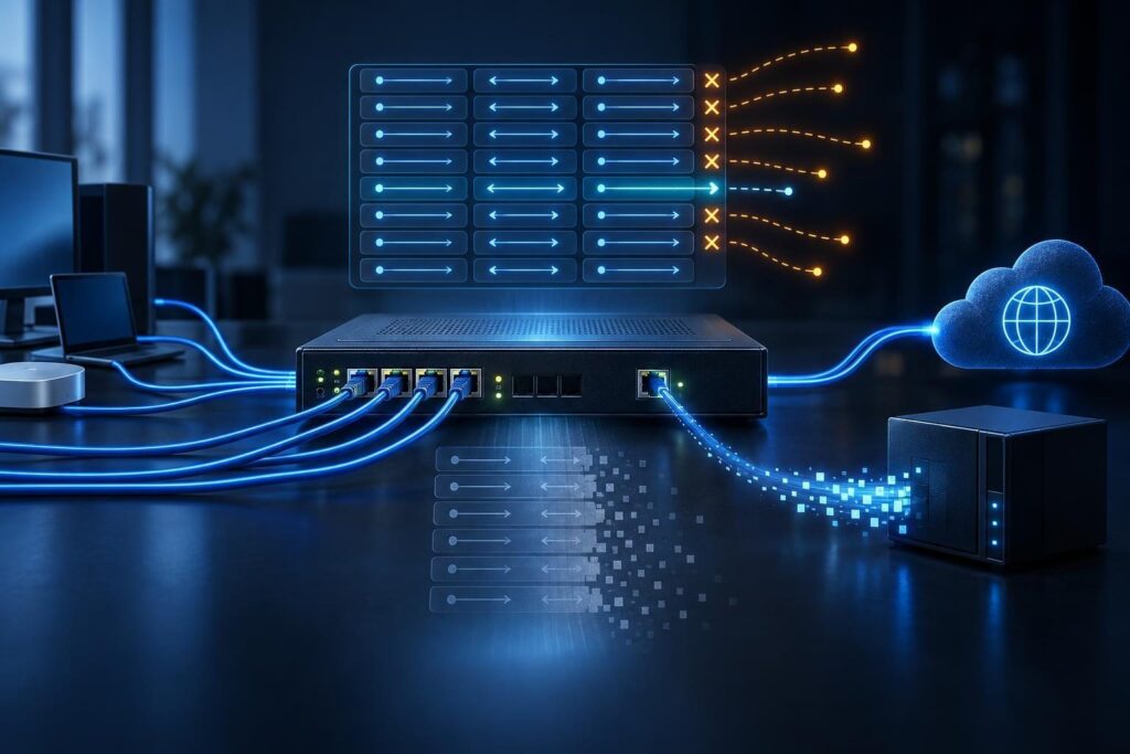 Business router with a full connection-state table and external log collector illustrating router reboot troubleshooting.