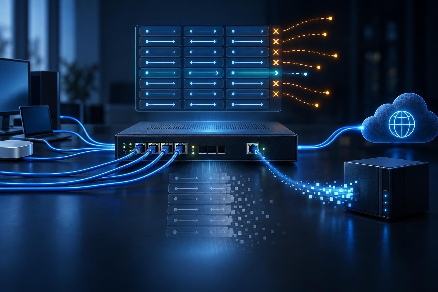 Business router with a full connection-state table and external log collector illustrating router reboot troubleshooting.