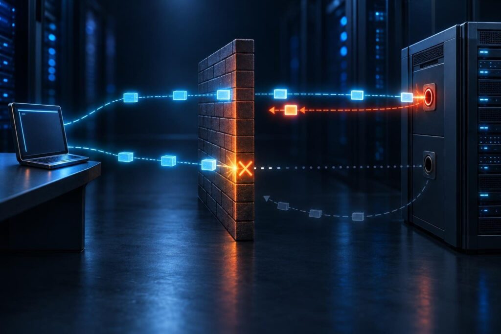 SSH connection errors illustrated as an active rejection from a closed server port and a silent timeout at a firewall.