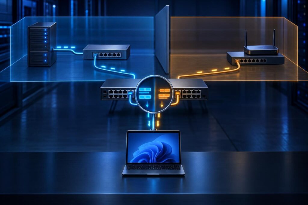 Network illustration tracing incorrect DHCP addresses to competing server offers, VLAN placement, and a DHCP relay.