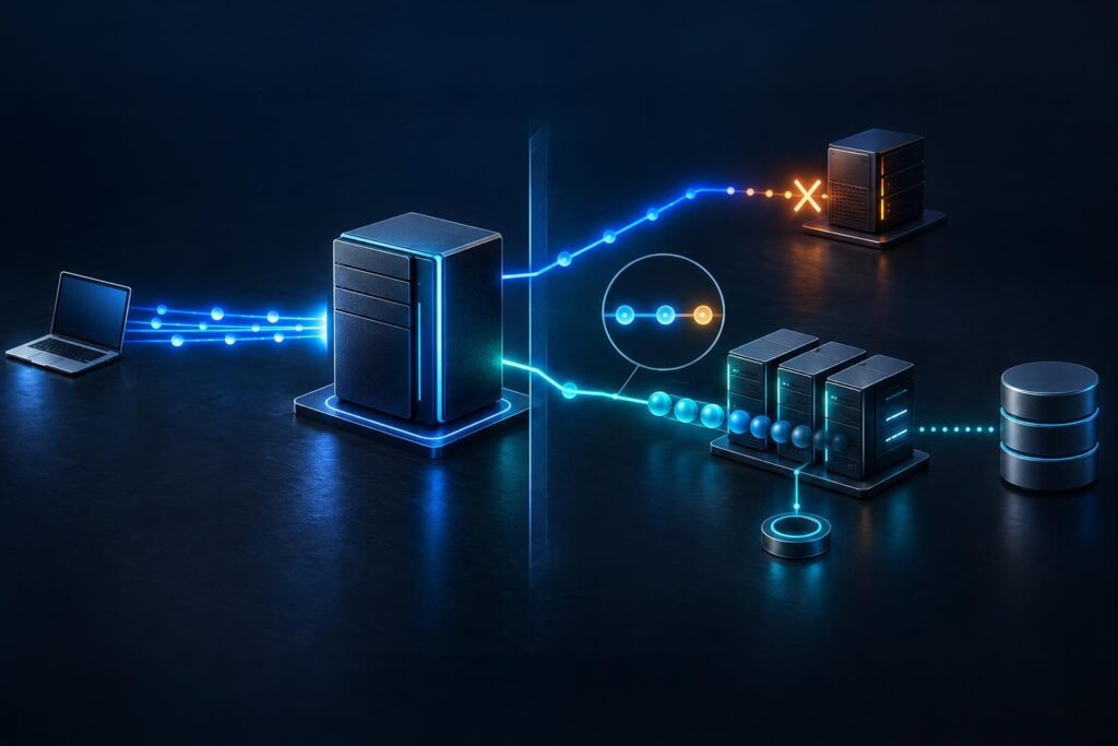 Diagnostic topology tracing Nginx upstream errors from a reverse proxy to a closed application port and a stalled worker queue.