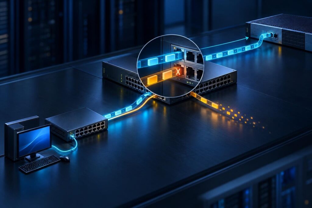 VLAN tagging faults at a switch uplink divert untagged traffic away from its intended gateway interface.