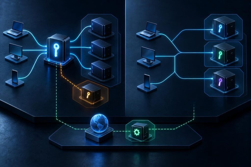 Architecture comparison of wildcard vs individual certificates showing shared-key exposure, isolated service keys, and DNS validation boundaries.