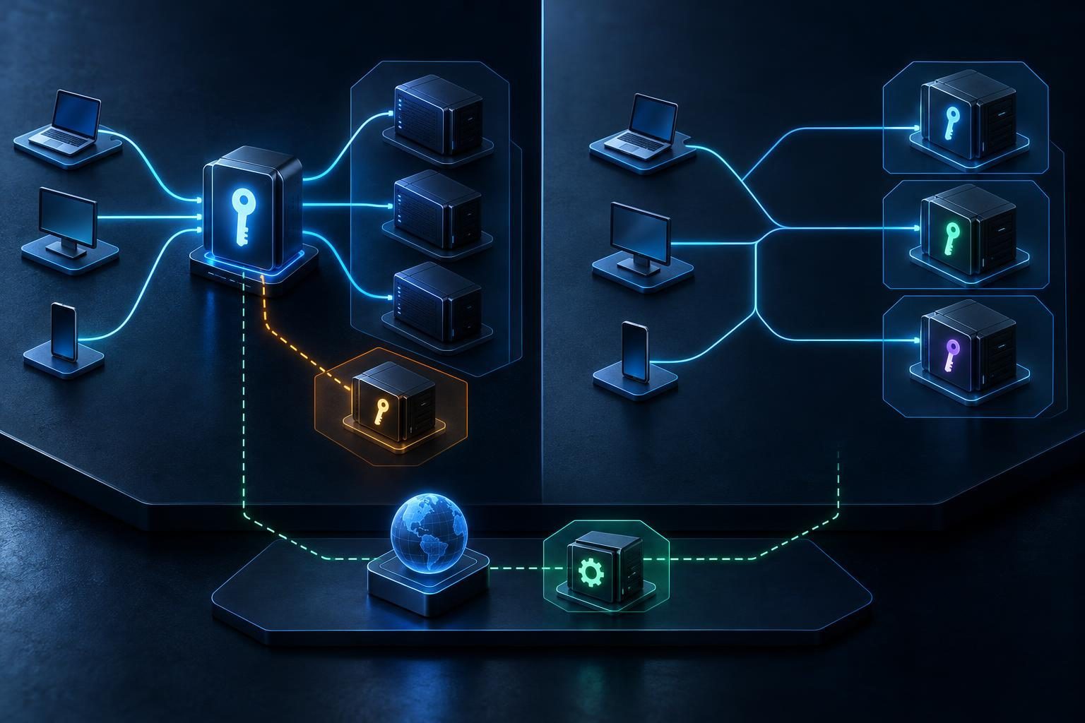 Architecture comparison of wildcard vs individual certificates showing shared-key exposure, isolated service keys, and DNS validation boundaries.